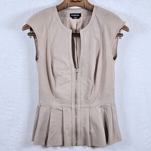 Y2k Bebe 100% Leather Mix Peplum Vest XS Tan Zip Front Sleeveless Moto Jacket